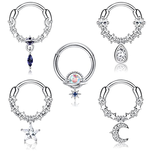 Morfetto 16G Baumeln Septum Ringe für Frauen CZ Septum Nasenringe Baumeln Septum Schmuck Blauer Planet Mond Stern Daith Ohrringe Knorpel Helix Piercing Schmuck (Silber+8mm) von Morfetto