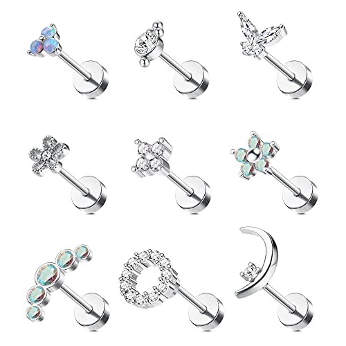 Morfetto 16G Knorpel Ohrstecker für Frauen 316L Edelstahl Schraube Flache Rückseite Ohrringe Schmetterling Mond Blume Opal Knorpel Tragus Daith Helix Piercing Ohrringe von Morfetto