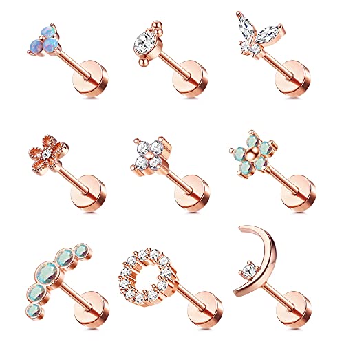 Morfetto 16G Knorpel Ohrstecker für Frauen 316L Edelstahl Schraube Flache Rückseite Ohrringe Schmetterling Mond Blume Opal Knorpel Tragus Daith Helix Piercing Ohrringe RoseGold von Morfetto