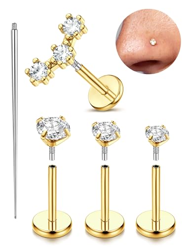 Morfetto 16G Nasenstecker für Damen und Herren – 14 Karat vergoldete Ohrringe mit Innengewinde, flache Rückseite, Gold, 8 mm von Morfetto