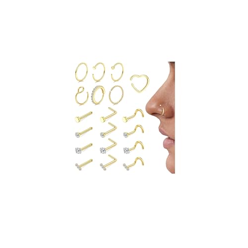 Morfetto 18/20G Nasenringe für Frauen, Ohrstecker, 14 Karat vergoldeter chirurgischer Stahl, CZ-Nasenstecker, L-förmiger Körperpiercing-Schmuck für Männer, 20 Stück G-18G Morfetto 18/20G Nasenringe für Frauen, Ohrstecker, 14 Karat vergoldeter chirurgischer Stahl, CZ-Nasenstecker, L-förmiger Körperpiercing-Schmuck für Männer, 20 Stück G-18G von Morfetto