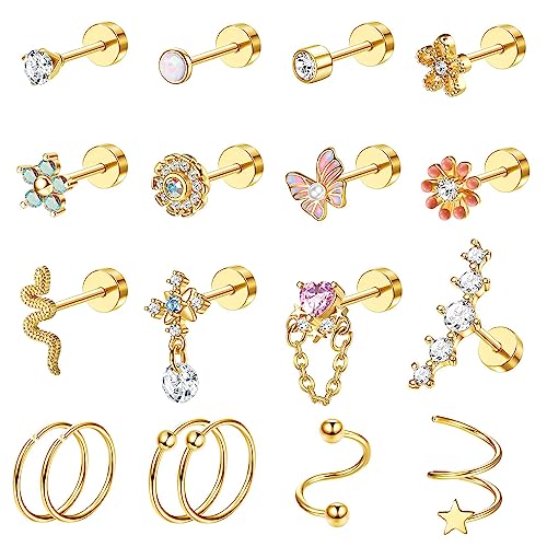 Morfetto 18 STÜCK Knorpelohrringbolzen für Frauen Chirurgenstahl Flache Rückseite Ohrringe Knorpelband Piercing Opal Blume Sanke Muschel Tragus Helix Piercing Schmuck Gold von Morfetto