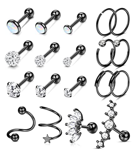 Morfetto 19 Stück Knorpelohrring Ohrstecker 16G 316L Edelstahl Helix Muschel Piercing Schmuck für Frauen Schwarz von Morfetto