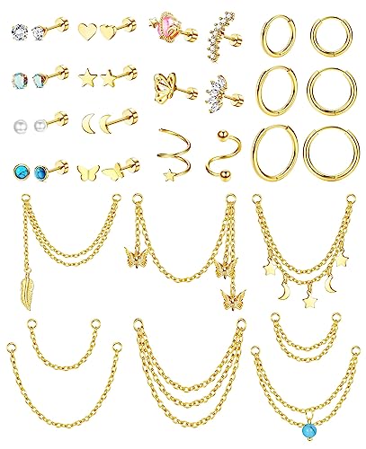 Morfetto 20G Knorpelohrring Edelstahl Ohrstecker für Frauen Männer Mond Stern Schmetterling CZ Opal Flache Rückseite Ohrstecker Kette Knorpel Muschel Daith Helix Tragus Piercing Schmuck Gold von Morfetto