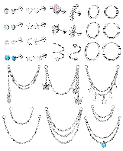 Morfetto 20G Knorpelohrring Edelstahl Ohrstecker für Frauen Männer Mond Stern Schmetterling CZ Opal Flache Rückseite Ohrstecker Kette Knorpel Muschel Daith Helix Tragus Piercing Schmuck Silber von Morfetto