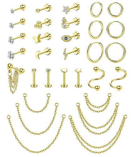 Morfetto 16G Knorpelohrringbolzen für Frauen Männer Edelstahl Knorpelbandohrring Flache Rückseite Ohrstecker Schmetterling CZ Kette Baumeln Knorpel Helix Tragus Piercing Schmuck Gold von Morfetto