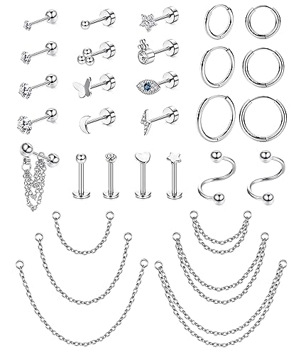 Morfetto 16G Knorpelohrringbolzen für Frauen Männer Edelstahl Knorpelbandohrring Flache Rückseite Ohrstecker Schmetterling CZ Kette Baumeln Knorpel Helix Tragus Piercing Schmuck Silber von Morfetto