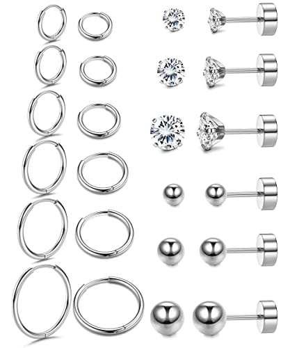 Morfetto 12 Paar Ohrringe Sets für mehrere Piercings 18 Karat vergoldete Knorpelband-Ohrstecker aus Edelstahl Kleine Huggie-Creolen CZ Flache Rückenohrringe für Damen Silber von Morfetto