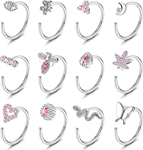 Morfetto 12 Stück Nasenringe Reifen Nasenring Chirurgenstahl 20G Nasenringe Für Frauen Männer Silber Gold Nasenring Reifen Rosa Halbe Reifen Nasenringe Nasenpiercing Schmuck Silber 10MM von Morfetto