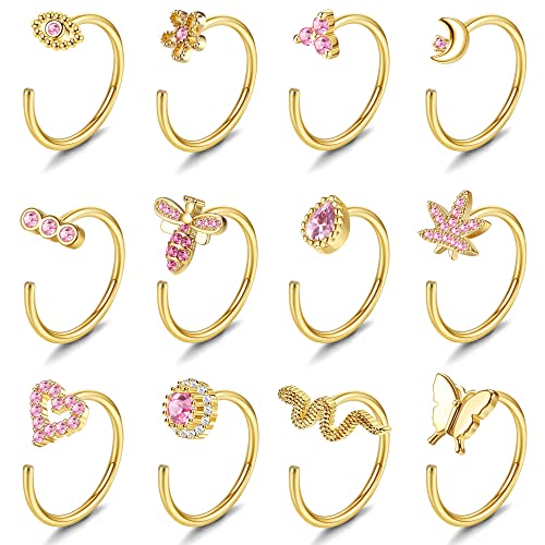 Morfetto 12 Stück Nasenringe Reifen Nasenring Chirurgenstahl 20G Nasenringe Für Frauen Männer Silber Gold Nasenring Reifen Rosa Halbe Reifen Nasenringe Nasenpiercing Schmuck Gold 8MM von Morfetto