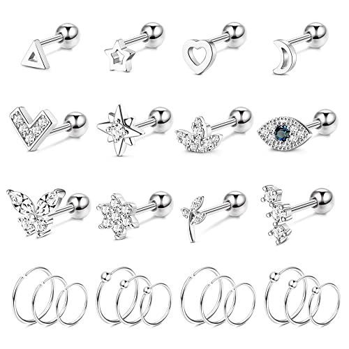 Morfetto 24 Stück 16G Helix Piercing Jewerly Knorpel Ohrringe Ohrstecker für Damen Herren Edelstahl Helix Tragus Couch Piercing CZ Schmetterling Evil Eye Helix Ohrringe für Damen Silber von Morfetto