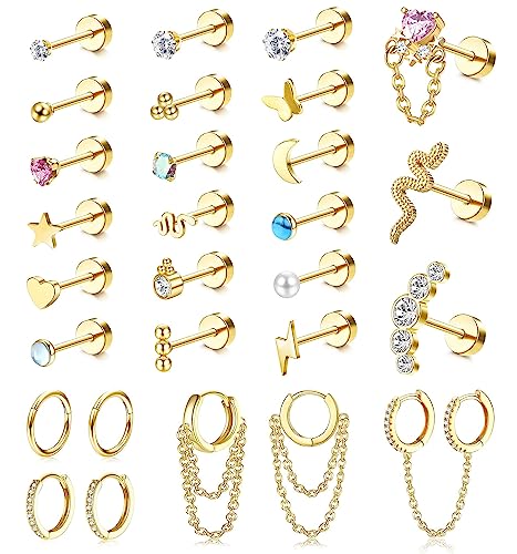 Morfetto 28 Stück Knorpel Ohrstecker Edelstahl Muschel Helix Tragus Flatback Ohrstecker Baumeln Kette Huggie Creolen Set für Mehrere Piercing Gold von Morfetto