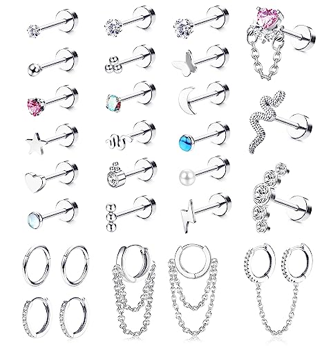 Morfetto 28 Stück Knorpel Ohrstecker Edelstahl Muschel Helix Tragus Flatback Ohrstecker Baumeln Kette Huggie Creolen Set für Mehrere Piercing Silber von Morfetto