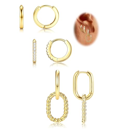 Morfetto 3 Paar Ohrringe Set für Damen,14 Karat Vergoldet Kleine Zierliche Ohrstecker,Goldene Hängende Creolen,Ohrstecker Gold Silber Ohrringe Set für Mehrere Piercings Golden-Alle Creolen von Morfetto