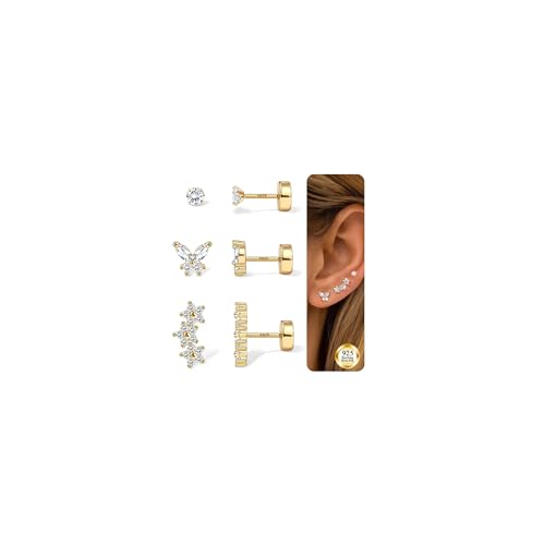 Ohrringe Silber 925 Set Für Damen - Hypoallergene 14K Vergoldet Ohrstecker Gold Piercing Ohr CZ Helix Piercings Tragus Conch Piercing Kleine Ohrringe Silber 925 Stecker Golden Schmetterling von Morfetto