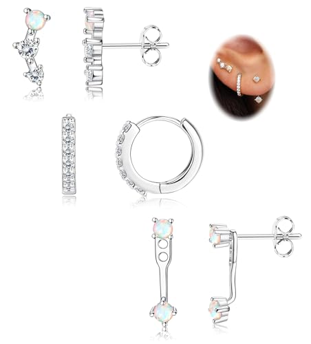 Morfetto Ohrringe Silber 925 Set Für Damen - Hypoallergen Piercing Ohr Creolen Gold Kleine Ohrstecker Silber 925 Stapelbar Zirkonia Ohrstecker Ohrringe Helix Piercings Für Mehrere Ohrlöcher,Opal von Morfetto