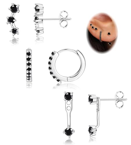 Ohrringe Silber 925 Set Für Damen - Hypoallergen Piercing Ohr Creolen Gold Kleine Ohrstecker Silber 925 Stapelbar CZ Ohrstecker Ohrringe Helix Piercings Für Mehrere Ohrlöcher,Schwarz CZ von Morfetto