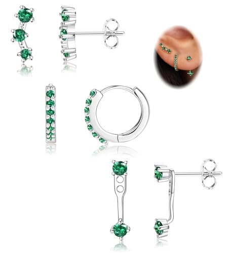 Morfetto Ohrringe Silber 925 Set Für Damen - Hypoallergen Piercing Ohr Creolen Gold Kleine Ohrstecker Silber 925 Stapelbar CZ Ohrstecker Ohrringe Helix Piercings Für Mehrere Ohrlöcher,Grün CZ von Morfetto
