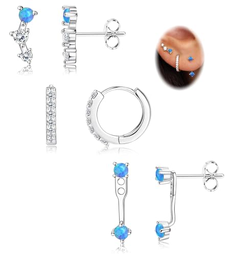Morfetto Ohrringe Silber 925 Set Für Damen - Hypoallergen Piercing Ohr Creolen Gold Kleine Ohrstecker Silber 925 Stapelbar CZ Ohrstecker Ohrringe Helix Piercings Für Mehrere Ohrlöcher,Blauer Opal von Morfetto