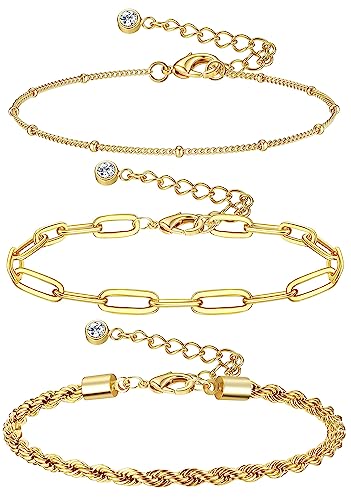 Morfetto Gold Knöchel Sets für Frauen 14 Karat Vergoldete Fußkettchen Figaro Kuba Gliederkette Gold Zierliche Geschichtete Armbänder Trendige Sommer Strand Fußschmuck Geschenke A von Morfetto