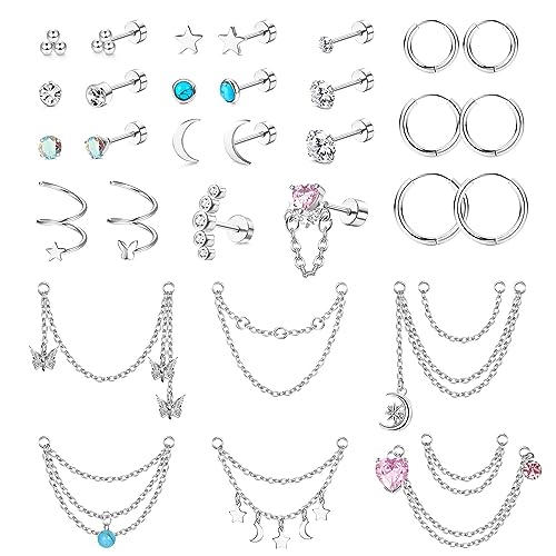 Morfetto Edelstahl Knorpel Ohrringe Set CZ Mond Stern Herz Schmetterling Flatback Helix Ohrstecker Kleine Huggie Creolen Kette Baumeln Tragus Knorpel Helix Piercing Schmuck 20G Silber von Morfetto