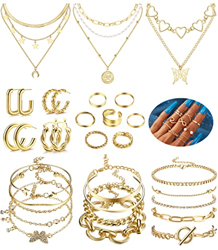 Morfetto 38 Stück Goldschmuckset für Frauen 3 Stück geschichtete Halsketten 4 Paar Creolen Set 17 Stück Knöchelringe für Frauen 14 Stück Goldarmband Set Goldschmuck Geschenk Gold von Morfetto