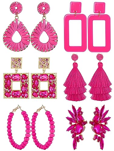 Morfetto Heiße Rosa Ohrringe Raffia Drop Statement Ohrringe für Frauen Mädchen Lange Quaste Baumeln Ohrringe Rosenblatt Blumen Quaste Ohrringe Strass Quadratische Cluster Tropfen Baumeln Ohrringe Rosa von Morfetto