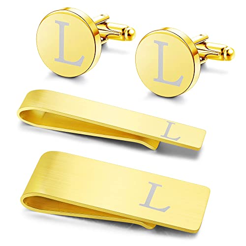 Morfetto 4 Stück Edelstahl Manschettenknöpfe Krawattennadel Geldscheinklammer Set Initialen A-Z mit Geschenkbox für Trauzeuge Bräutigam Hochzeitsgeschäft Gold-L von Morfetto