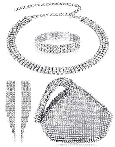 Morfetto 5 Stück Damen Strassschmuckset Silber Choker Halskette Stretch Armreif baumeln Fransen Ohrringe für Frauen Dreieck Glitzer Bling Kristall Geldbörse für Braut Hochzeitsfeier Silber von Morfetto