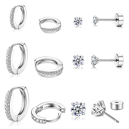 Morfetto Ohrringe Sets für mehrere Piercings Leichte 14 Karat vergoldete kleine Huggie Creolen Winzige Creolen Flache Rückseite Kugel CZ Ohrstecker Knorpelreifen Muschel Helix Piercing Silber von Morfetto