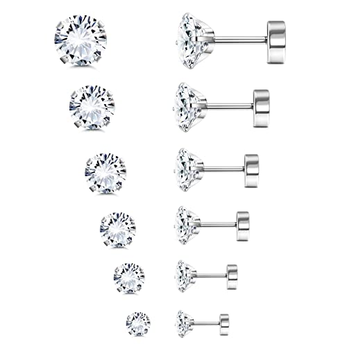 Morfetto 6 Paar G23 Titan Flache Rückseite Ohrstecker für Frauen Männer Titan Runde CZ AB Knorpel Ohrstecker Hypoallergene Schraube Zurück Ohr Piercing Set 20G 2-8MM Weiß CZ von Morfetto