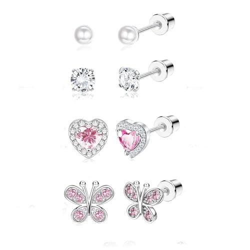 Morfetto 6 Paar Hypoallergene Ohrringe S925 Sterling Silber Ohrstecker für Mädchen Herz CZ Perle Schmetterling Ohrstecker Set S925 Sterling Silber Schraubverschluss Ohrringe für Frauen Rosa von Morfetto