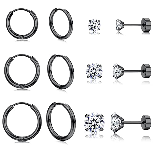 Morfetto Ohrringe Sets für mehrere Piercings Leichte 14 Karat vergoldete kleine Huggie Creolen Flache Rückseite Winzige Kugel CZ Ohrstecker Knorpelreifen Muschel Helix Piercing Schwarz von Morfetto