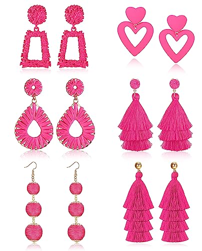 Morfetto 6 Paar Statement Ohrringe Boho Quaste Ohrringe Bastohrringe Baumeln Geometrische Ohrringe Fransen Tropfen Handgemachte Ohrringe Heiße Rosa Ohrringe für Frauen Mädchen Rosa von Morfetto