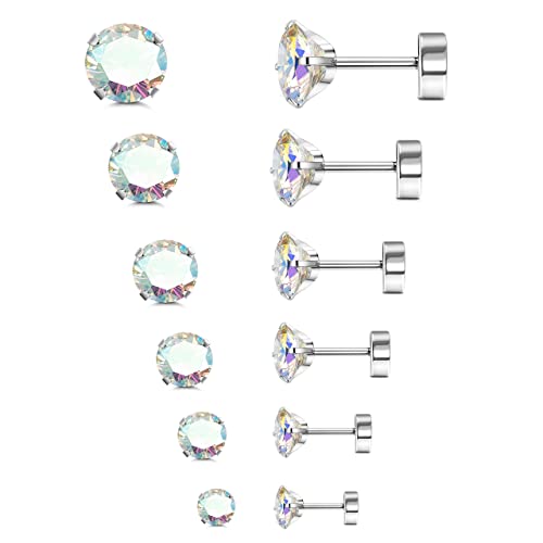 Morfetto 6 Paar G23 Titan Flache Rückseite Ohrstecker für Frauen Männer Titan Runde CZ AB Knorpel Ohrstecker Hypoallergene Schraube Zurück Ohr Piercing Set 20G 2-8MM Bunte CZ von Morfetto