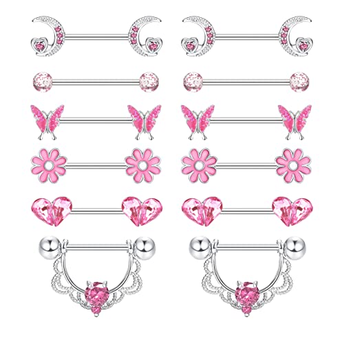 Morfetto 6 Paare 14G Nippelringe für Frauen Herz Schmetterling Mond CZ Blume Langhantel Nippelringe 316L Edelstahl Brustwarzenpiercing Schmuck Rosa von Morfetto