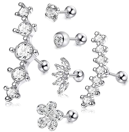 Morfetto 6 Stück Helix Piercing Ohrring Edelstahl Silber Knorpel Ohrstecker Ohrringe für Frauen Tragus Helix Blume Ohrringe Conch Flat Back Body Piercing Schmuck 16G von Morfetto