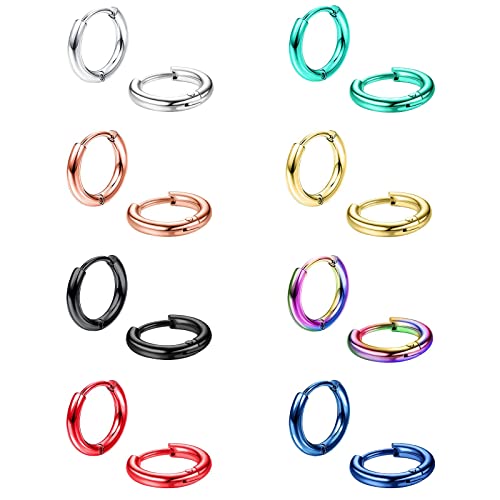 Morfetto 8 Paar Chirurgenstahl Kleine Creolen für Männer Frauen 8mm Huggie Creolen Winzige Knorpel Helix Daith Lappen Klappbare Schläfer Knorpel Ohrringe 8mm (18G) von Morfetto