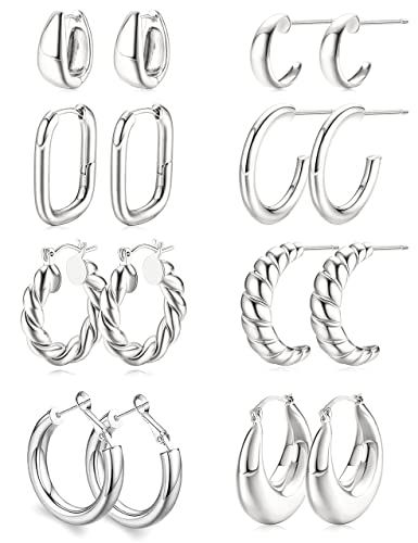 Morfetto Gold Klobige Creolen Set für Frauen - 14 Karat Vergoldet Dicke Leichte Hypoallergene Packung Verdrehte Huggie Offene Schmuck für Damen Geschenke Silber von Morfetto