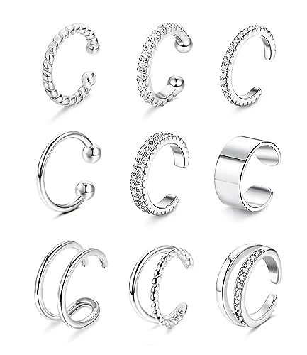 Morfetto 9 stücke Gold Ohrmanschette Ohrringe Nicht Piercing Gefälschte Knorpelmanschette Ohrringe Muschel Silber Manschetten Ohrringe für Frauen Clips Wraps Klobige Ohrmanschette Silber von Morfetto