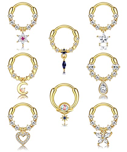 Morfetto 16G Baumeln Septumringe für Frauen CZ Septum Nasenringe Blauer Planet Baumeln Septum Mond Stern Herz Septum Clicker Ring Baumeln Turm Daith Ohrringe Knorpel Helix Piercing Schmuck Gold 10MM von Morfetto