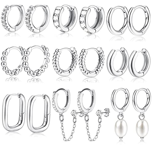 Morfetto 9 Paar Kleine goldene Huggie Creolen für Frauen 14 Karat vergoldeter leichter Knorpelohrring Verdrehte glänzende Zirkonia Silber Huggie Ohrringe Sets für mehrere Piercings von Morfetto