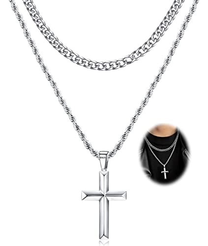 Morfetto 925 Sterling Silber Kreuz Halskette für Männer Frauen Edelstahl Diamantschliff Kubanische Gliederkette Seilkette Abgeschrägte Kruzifix Anhänger Halskette Schmuck 18 Zoll von Morfetto