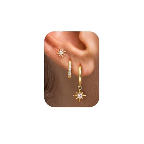 Morfetto 3 Paar Ohrringe Gold Wasserfest Creolen Set - Ohrstecker Silber 925 Damen Klein Piercing Ohr Helix Gold Ohrringe für Mehrere Ohrlöcher Tragus Piercings F von Morfetto