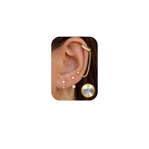 4Paare Kleine Ohrringe Sterling Silber für Damen Set | Hypoallergen 14K Gold Ohrstecker Creolen Perle CZ Piercing Ohr Ohrring Mit Kette Ohrstecker Ohrringe 925 Gold Helix Perle von Morfetto