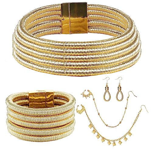 Morfetto Afrikanischer Schmuck für Frauen Afrikanischer nationaler Goldhalsband Geschichtete Kragenhalskette Boho Ohrringe Armband Faux Nasenringe Nasenmanschetten Reifen Afrikanischer Schmuck A von Morfetto