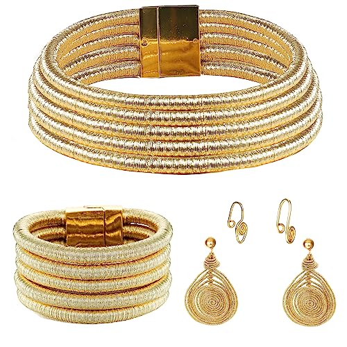 Morfetto Afrikanischer Schmuck für Frauen Afrikanischer nationaler Goldhalsband Geschichtete Kragenhalskette Boho Ohrringe Armband Faux Nasenringe Nasenmanschetten Reifen Afrikanischer Schmuck B von Morfetto