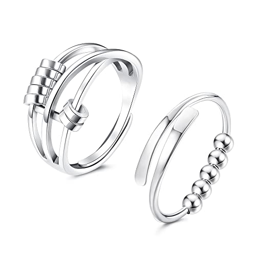 Morfetto 2 Stück Anti-Angst-Ring für Frauen Männer Verstellbare Zappelringe Offene Perlen-Daumenringe für Männer Band Stressabbau Spinner Ring von Morfetto