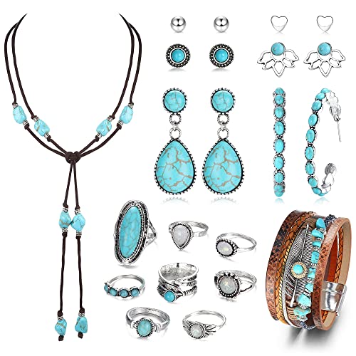 Morfetto Böhmisches Türkis Schmuckset Türkis Anhänger Choker Halskette Türkis Kunstleder Armreif Türkis Creolen Ohrringe Türkis Gelenkknöchel Ringe 22pcs von Morfetto