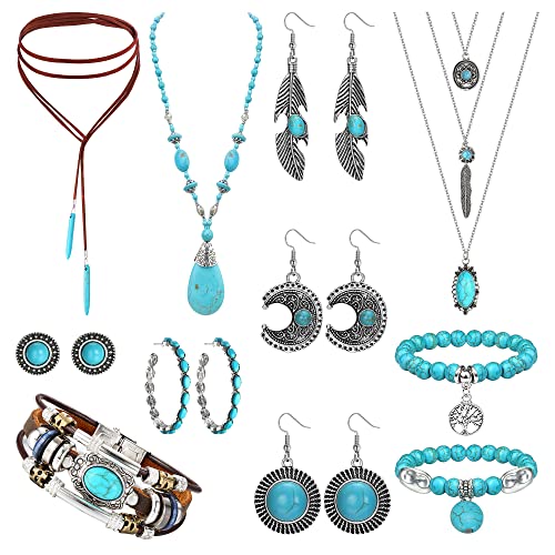 Morfetto Böhmisches Türkis Schmuckset Türkis Anhänger Choker Halskette Türkis Kunstleder Armreif Türkis Creolen Ohrringe Türkis Gelenkknöchel Ringe 16pcs von Morfetto